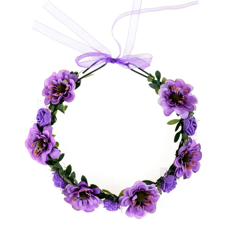 June Bloomy Rose Flower Leave Crown Bridal Halo Headband with Adjustable Ribbon (Purple) - Image 2